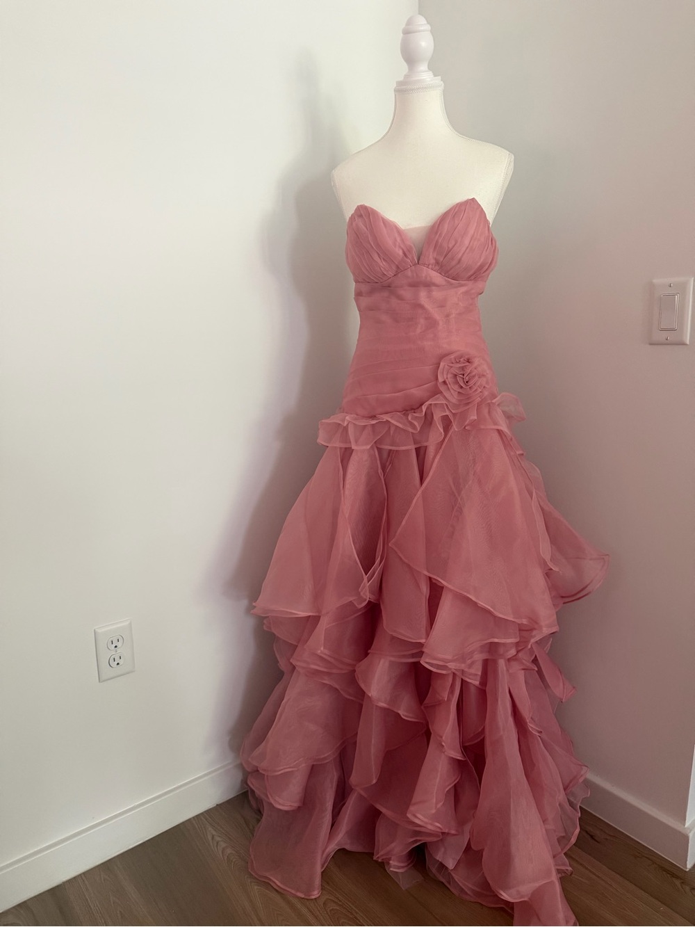 Strapless Rose Pink Ruffled Layered Formal Gown fairycore luxury dress